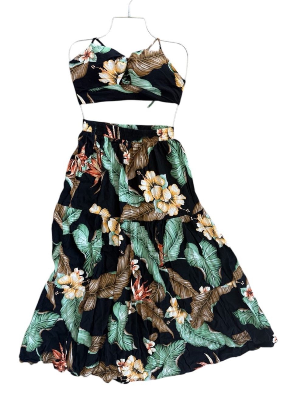Floral Tiered Maxi Skirt and top set– Black Tropical Print